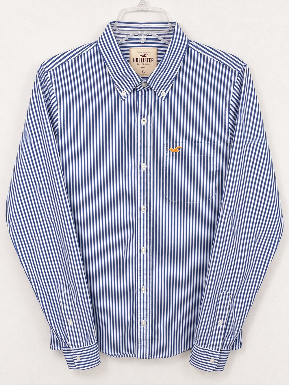 Hollister Men’s XL Blue White Striped Button Down Shirt Embroidered Logo